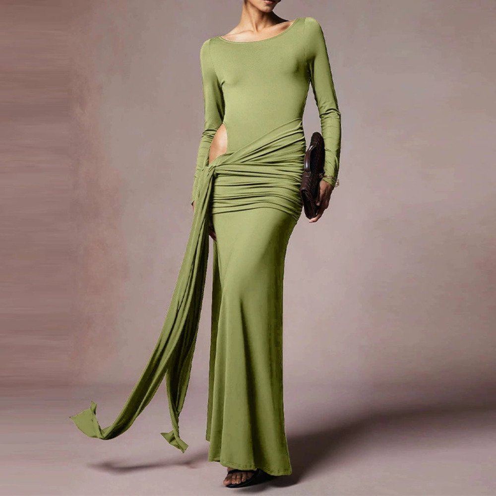 Forever 21 Women's Green Ruffled Long-Sleeve Round-Neck Bodycon Maxi Dress